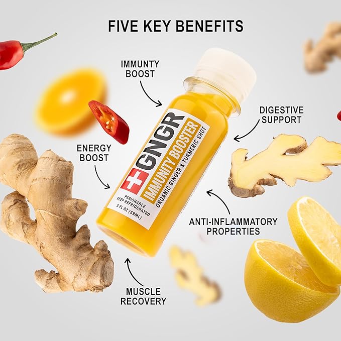 +GNGR Immunity Sampler Organic Ginger Wellness Shots - Premium Ginger Shots for All Natural Digestive Support and Immune Support, Digestive Aid, Gut Cleanse and Detox (2 Oz, Pack of 12)