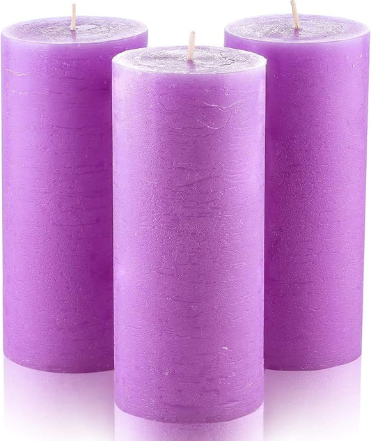 Melt Candle Company Set of 3 Pillar Candles 3" x 6" Unscented Handpoured Weddings, Home Decoration, Restaurants, Spa, Church Smokeless Cotton Wick - Lilac