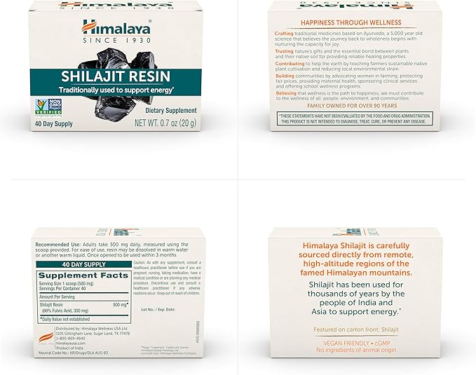 Himalayan Shilajit Resin, Energy Superfood, 60% Fulvic Acid, Non-GMO, 0.7 oz (20g) Jar, 40-Day Supply