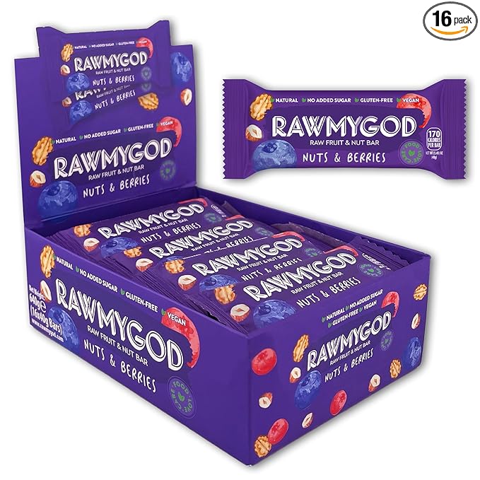 RAWMYGOD Fruit and Nut Bars, Gluten Free, Vegan, No Added Sugar (16 bars, Nuts & Berries)
