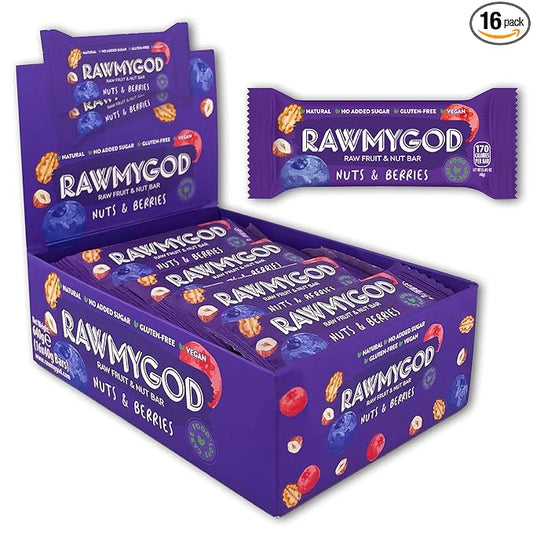 RAWMYGOD Fruit and Nut Bars, Gluten Free, Vegan, No Added Sugar (16 bars, Nuts & Berries)