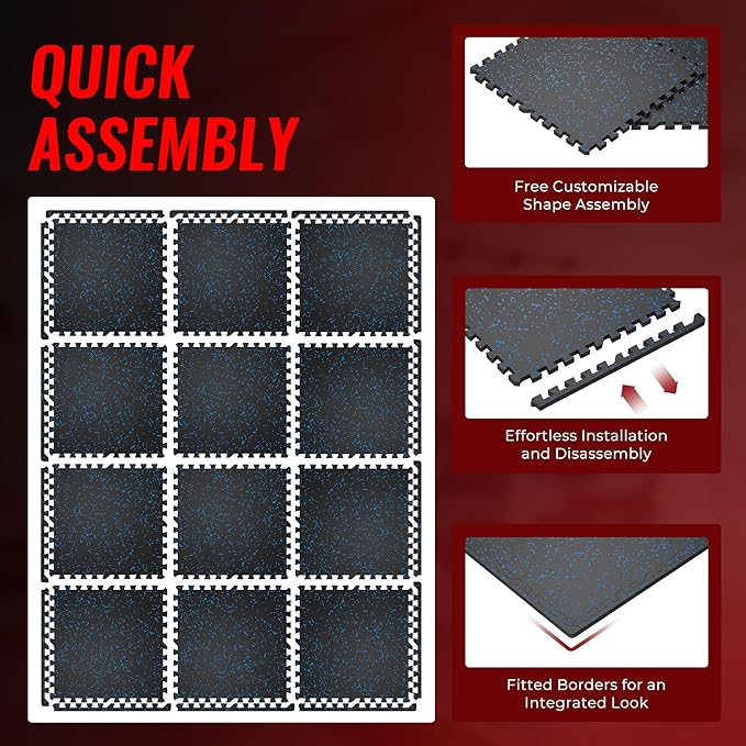 SUPERJARE 0.79'' Extra-Thick Exercise Equipment Mats, 12 Pcs 48 Sq Ft Rubber Top Floor Tiles with High Density EVA Foam, Interlocking Gym Flooring for Home Gym, Workout Mat, Black/Blue