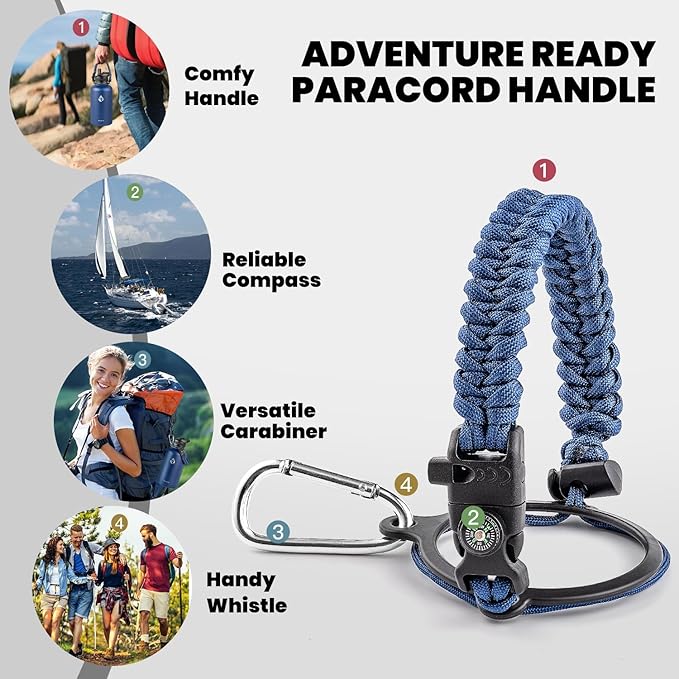 Insulated Water Bottle 64 oz, Triple Wall Vacuum Stainless Steel (Cold for 48 Hrs), Leak Proof & Non-BPA, Half Gallon Water Flask Jug with Paracord Handle & Straw Spout Lids, Navy Blue