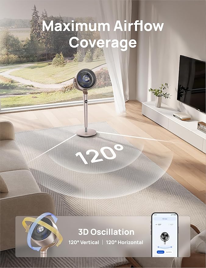 Dreo Smart Fans for Bedroom, 120° +120° Omni-Directional Oscillating Fan, 90ft Quiet Pedestal Fan with RGB Light, 9 Speeds, 6 Modes, 20dB, 8H Timer, Wi-Fi/Voice, 37-42" Floor Fans, Starlight