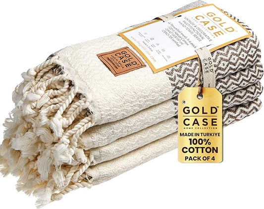 Gold CASE Turkish Hand Towels for Bathroom Set of 4–20x40''–100% Cotton Bathroom Hand Towels – Zeus Towel for Spa, Face, Tea & Dishcloth – Decorative Cloth – Brown