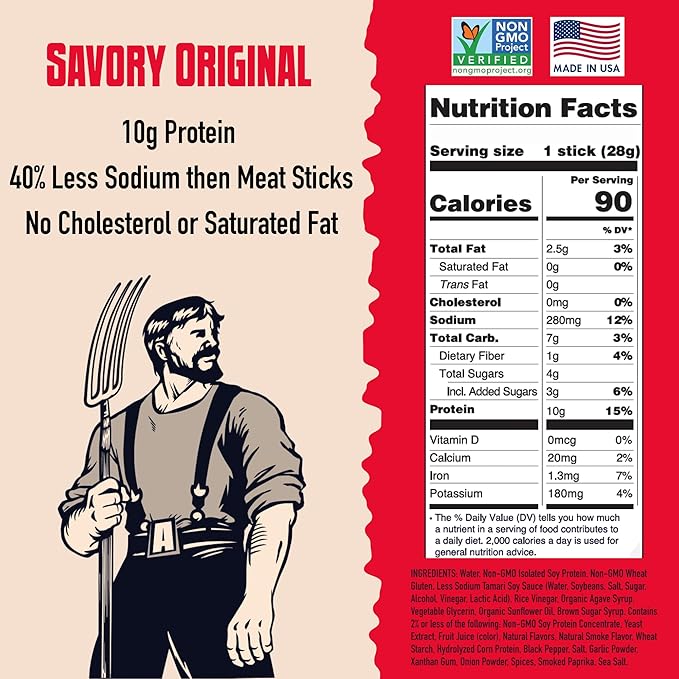 AGRO POWER Vegan Jerky Sticks, Savory Original Plant-Based, 7 Stick Bag with 10g Protein, Non-GMO, 40% Less Sodium, Zero Cholesterol, Meat Alternative, High Protein Snack for Lunch, On-the-Go Fuel