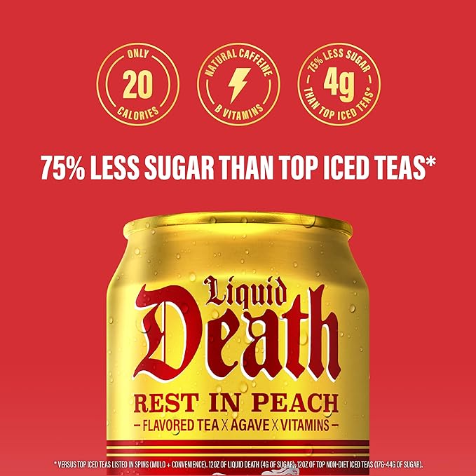 Liquid Death, Rest in Peach Iced Tea, 12-Pack (12 oz Cans), Peach Flavored Black Tea, Low Calorie, No Artificial Sweeteners, B12 & B6 Vitamins