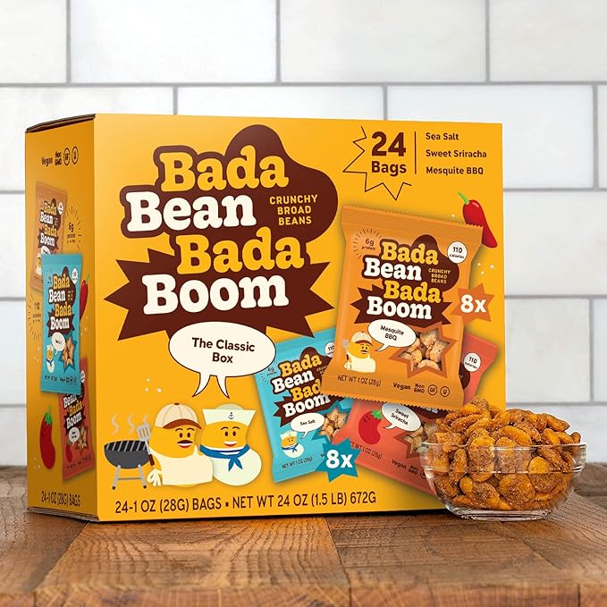Bada Bean Bada Boom Plant-Based Protein, Gluten Free, Vegan, Crunchy Roasted Broad (Fava) Bean Snacks, 110 Calorie Packs, The Classic Box Variety Pack, 1 Ounce (Pack of 24)
