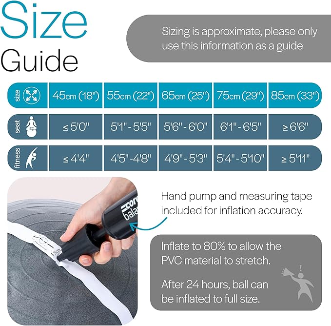 Core Balance Exercise Ball for Workouts, Anti-Burst and Slip Resistant, Swiss Yoga Ball for Pregnancy, Stability, Fitness and Physical Therapy, 4 Sizes, with Pump