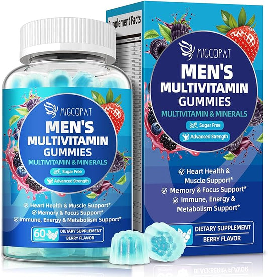 Multivitamin for Men, Mens Multivitamins Gummies w/Omega-3, Probiotics, Inositol, Folate, Biotin, Zinc, Vitamins A, C, D, E, B, Support Heart, Brain, Muscle, Energy, Sugar-Free, Berry Flavor