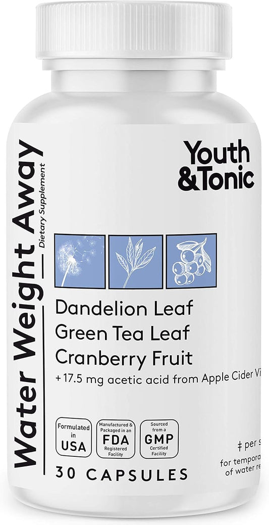 Youth & Tonic Natural Water Weight Away Pills for Swelling Water Retention & Belly Bloating - Herbal Diuretic Supplement for Women & Men - 30 Capsules w/Potassium Caffeine Free