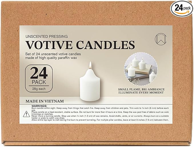 CW Studio Unscented Pressing Votive Candles – Long Hours Burn, Smokeless & Dripless – Premium Wax with Cotton Wick – Perfect for Weddings, Events, Home & Romantic Décor (24, White, 1.5x1.3 inches)