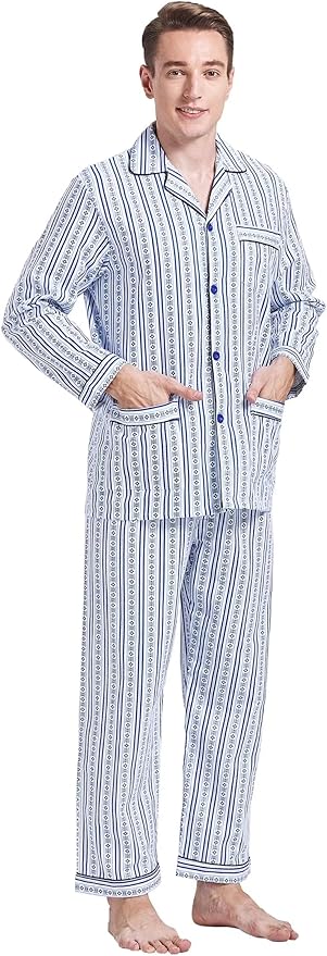 GLOBAL Men's Pajamas Sets 100% Cotton Flannel Sleepwear Long-Sleeve top & Bottom