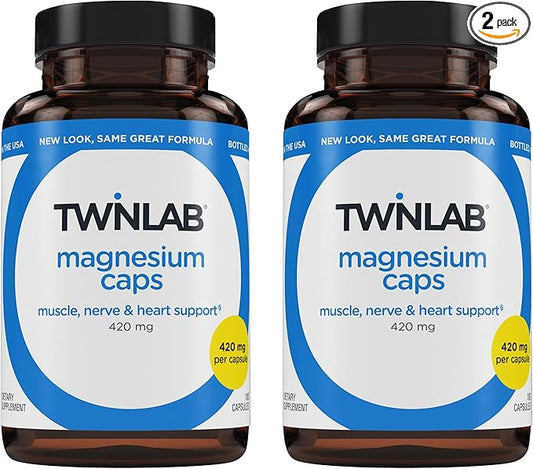 Twinlab Magnesium Caps - High Absorption Magnesium Supplement to Support Leg Cramps Relief - Magnesium Capsules for Stress Relief, 420 mg, 100 Count, 2 Pack