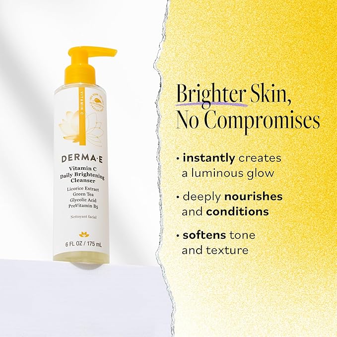 Derma E Vitamin C Daily Brightening Cleanser, 6 Fl Oz, Hydrating Cleanser to Help Even Skin Tone, Moisturizing Face Wash for a Radiant Glow