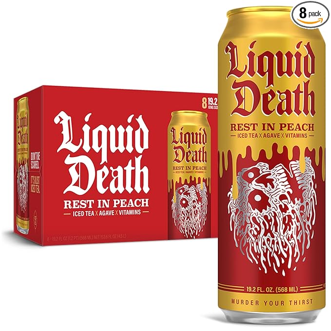 Liquid Death, Rest in Peach Iced Tea, 8-Pack (19.2oz Cans), Peach Flavored Back Tea, Low Calorie, No Artificial Sweeteners, B12 & B6 Vitamins