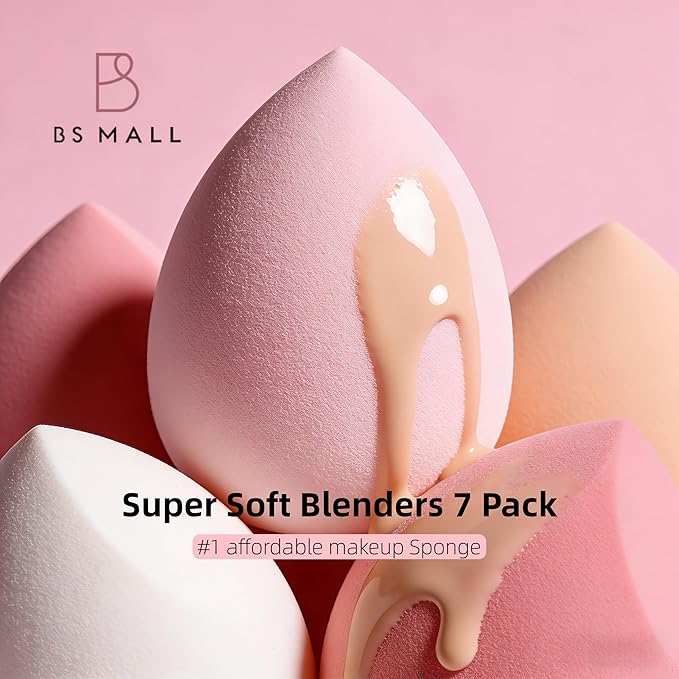 Makeup Sponge Set BS-MALL with Storage Case 7 Pcs for Liquid, Cream, and Powder,SAVE Foundation with 1 Mini Makeup Sponge For Travel Daily Use (A-Pink）