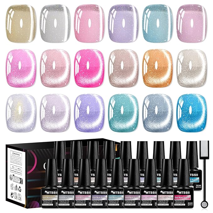 MTSSII Jelly Cat Eye Gel Nail Polish Set, 18 Colors Rainbow Glass Sea Spirit Magnetic Gel Polish Kit with Magnet Pink Blue Purple Grey Glitter Cateye Nail Polish Salon Manicure Nail Art DIY at Home