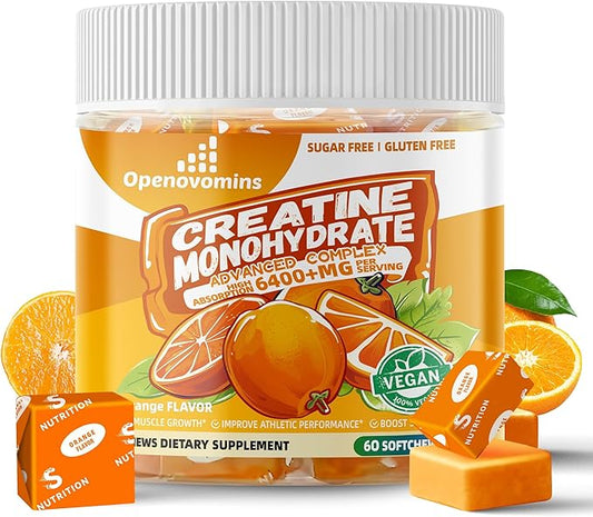 Creatine Monohydrate Soft Chews Complex 6400mg for Men & Women -Advanced Formula W/L-Taurine + Vitamin B12, Sugar Free Chewable Supplement,60 Orange Softchews