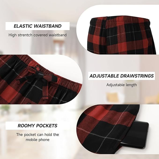 BAMBOO COOL Men's Pajama Bottoms Plaid Pajamas Pants for Men Soft Long Lounge Woven Pj Sleep Pant with Pockets