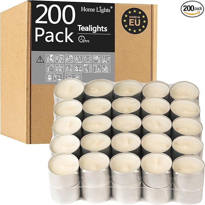 HomeLights Tealight Candles - 8 Hour Long time Burning, Giant 100,200,300 Packs -White Votive Smokeless European Tea Light Unscented Candles for Shabbat, Weddings, Christmas,Home Decorative -200 Pack