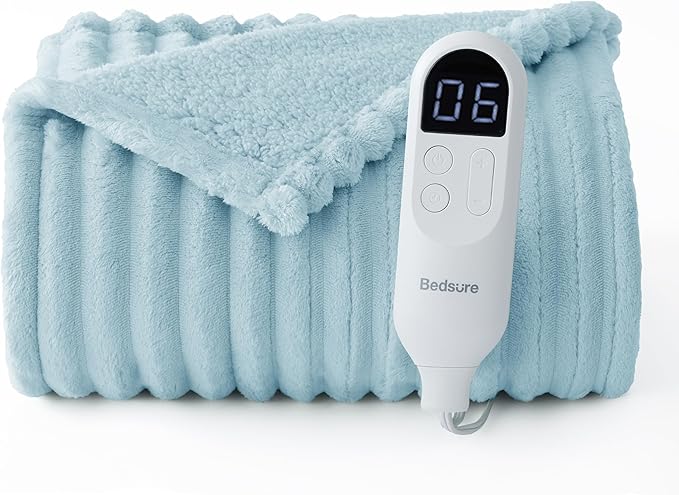 Bedsure Heated Blanket Electric Throw - Thick Striped Flannel Electric Blanket, Heating with 4 Time Settings, 6 Heat Settings, and 3-Hour Timer Auto Shut Off, Gift for Grandma (50"x60", Light Blue)