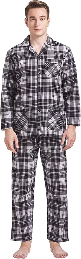 GLOBAL Men's Pajamas Sets 100% Cotton Flannel Sleepwear Long-Sleeve top & Bottom