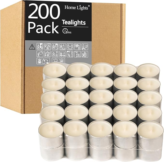 HomeLights Tealight Candles - 8 Hour Long time Burning, Giant 100,200,300 Packs -White Votive Smokeless European Tea Light Unscented Candles for Shabbat, Weddings, Christmas,Home Decorative -200 Pack