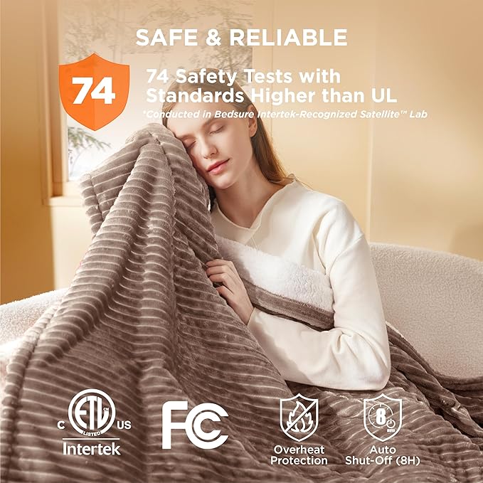 Bedsure GentleSoft Electric Blanket Twin - Soft Ribbed Flannel Heated Blanket, Heating with 10 Time Settings, 6 Heat Settings, and 8 hrs Timer Auto Shut Off, Gifts for Grandma (62x84 inches, Brown)