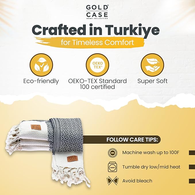 Gold CASE Turkish Hand Towels for Bathroom Set of 4 – 20 x 40'' – 100% Cotton Bathroom Towels – Aphrodite Kitchen Small Towel for Spa, Face, Tea & Dishcloth – Decorative Patterned Weave – Black