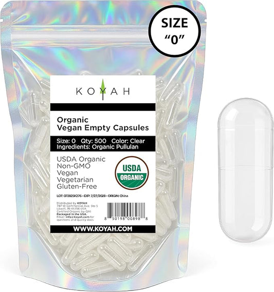 KOYAH Certified Organic Empty Pullulan Capsules: Size 0, Vegan, Gluten-Free, Non-GMO, Allergen Free – Ideal for DIY Supplements (500 Count)