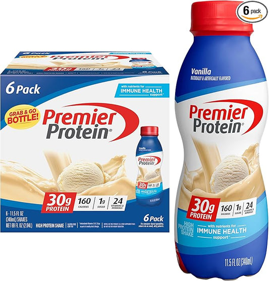 Premier Protein Shake, Vanilla, 30g Protein 1g Sugar 24 Vitamins Minerals Nutrients to Support Immune Health, 11.5 fl oz (Pack of 6)