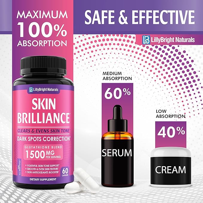 Glutathione Capsules - 1,500mcg L-Glutathione Supplement with Vitamin C - Skin Tone Enhancer - Targets Dark Spots & Acne Marks - Potent Antioxidant - 60 Skin Pills