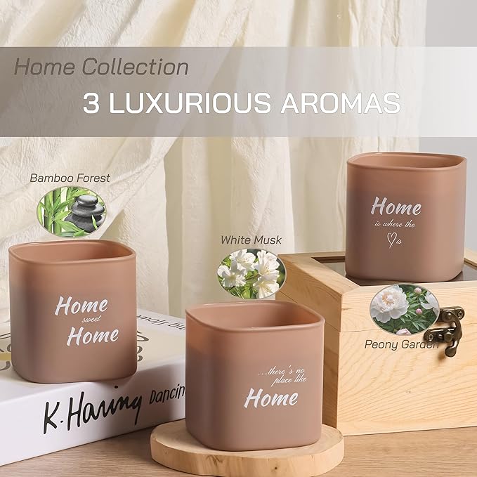 Set of 3 Scented Soy Candles Gift Set | Home Collection | White Musk, Bamboo Forest & Peony Garden | Crackling Wood Wick | 50+ HR Burn, 9.8oz Each | Luxury Soy Candle Gift for Women & Home