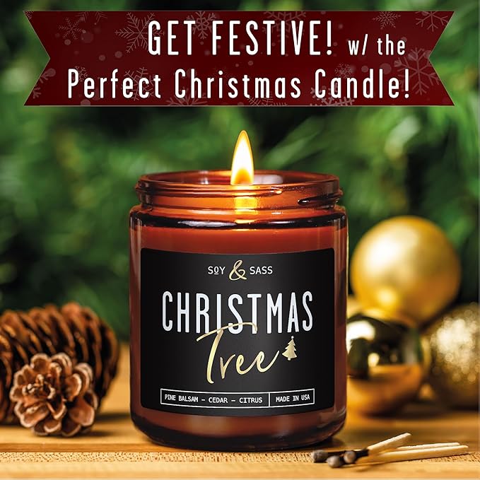 Christmas Tree Candles, Christmas Candles Scented - 'Christmas Tree' Soy Candle w/Balsam, Cedar & Citrus - Infused with Essential Oils I Balsam Pine Candle I 9oz, 50Hr, USA Made
