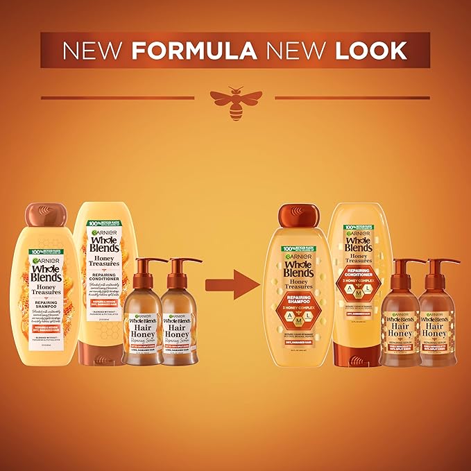 Garnier Whole Blends Honey Treasures Repairing Shampoo & Conditioner 22 Fl Oz each + Hair Serum (5.1 Fl Oz) for Dry, Damaged Hair (Bundle of 4 Items)