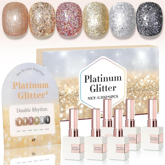 Double Rhythm 0.5 Oz Glitter Gel Polish Set of 6 Color with Display Borad 15 ml Full Size Kit Shimmer Reflective Sparkle Soak Off Manicure Salon DIY at Home (Rose Gold Silver Black Bright-T6-38)