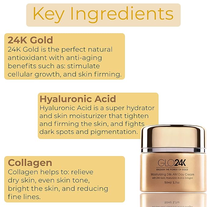 GLO24K Moisturizer Face Cream with 24K Gold, Vitamins – Collagen Retinol Hyaluronic Acid – Hyaluron Acid Cream for Hydration & Daily Skin Care, Day Cream