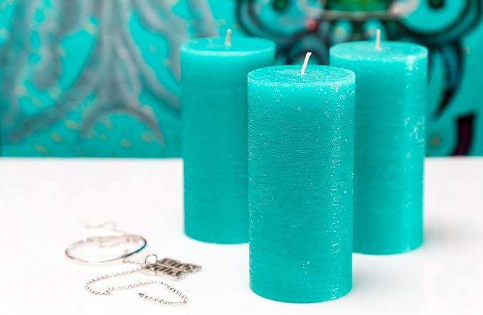 Set of 3 Pillar Candles 3" x 6" Unscented Handpoured Weddings, Home Decoration, Restaurants, Spa, Church Smokeless Cotton Wick - Turquoise