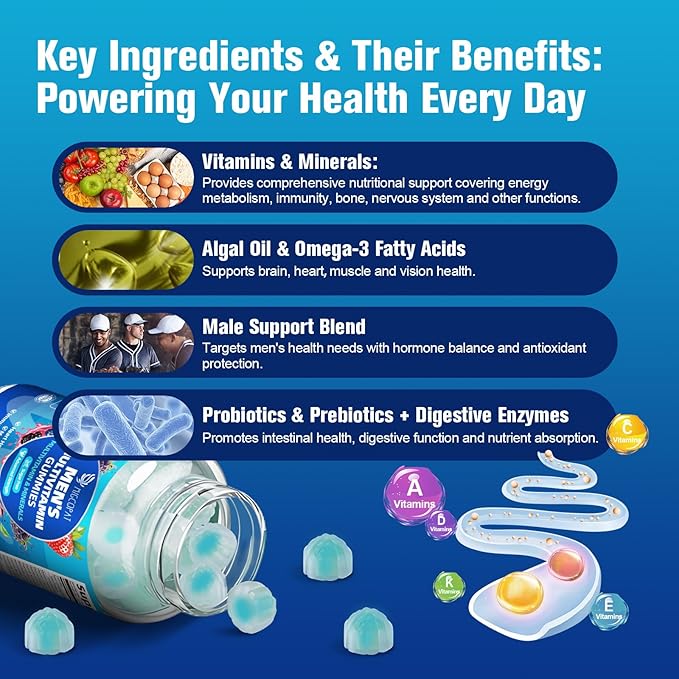 Multivitamin for Men, Mens Multivitamins Gummies w/Omega-3, Probiotics, Inositol, Folate, Biotin, Zinc, Vitamins A, C, D, E, B, Support Heart, Brain, Muscle, Energy, Sugar-Free, Berry Flavor