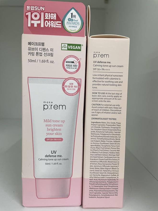MAKE P:REM UV Defense Me. Calming Tone Up Sunscreen, Non-Nano Zinc Oxide, Reef Safe, Chemical Free, Non-Greasy, SPF 50, Korean Sunscreen,1.69 fl oz, 50ml
