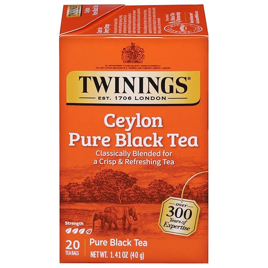 Twinings Ceylon Pure Black Tea Individually Wrapped Bags, 20 Count (Pack of 1), formerly Ceylon Orange Pekoe, Crisp, Refreshing, Caffeinated, Enjoy Hot or Iced, 20 Teabags