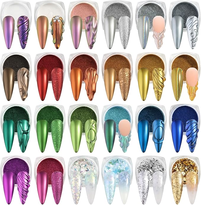 24 Colors Chrome Nail Powder Set Holographic Iridescent Mirror Effect Metallic Nail Powder Unicorn Aurora Pearl Dust Nail Pigment for Gel Nails DIY Nail Decorations