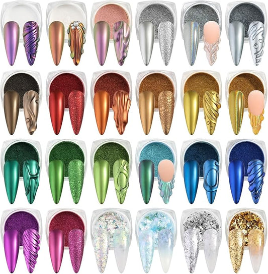 24 Colors Chrome Nail Powder Set Holographic Iridescent Mirror Effect Metallic Nail Powder Unicorn Aurora Pearl Dust Nail Pigment for Gel Nails DIY Nail Decorations