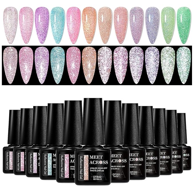 MEET ACROSS Gel Polish Reflective Glitter Gel Nail Polish Set, 12 Colors Holographic Sparkle Glitter Gel, Flash Diamond Gold Red Purple Green UV LED Soak Off Manicure Kit Gift for Women Girls