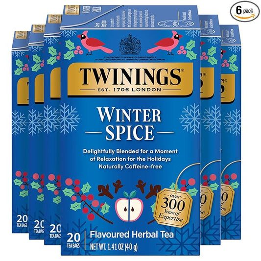 Twinings Winter Spice Herbal Tea Individually Wrapped, 20 Count (Pack of 6), Camomile, Apple, Cinnamon, & Clove, Caffeine-Free, Enjoy Hot or Iced, 120 Teabags