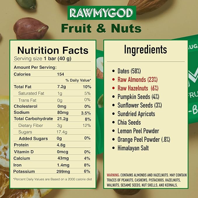 RAWMYGOD Fruit and Nut Bars, Gluten Free, Vegan, No Added Sugar (16 bars, Protein Pack - 4 Orange & Hazelnut, 4 Fruit & Nut, 4 Chia & Choco, 4 Peanut & Cacao)