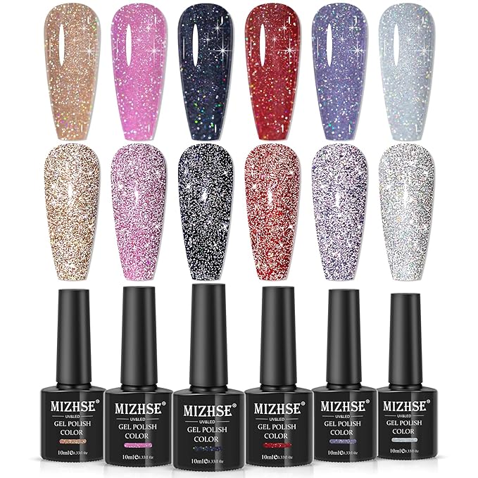 MIZHSE Reflective Glitter Gel Nail Polish, Holographic Glitter Gel Polish Set Sparkly Shiny Bling Nail Polish Soak Off UV/LED Nail Art Manicure Kit