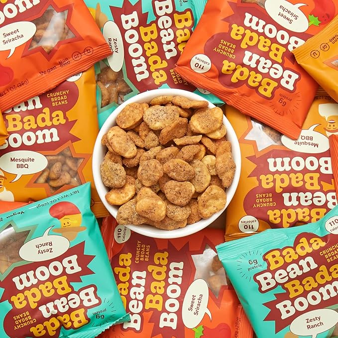 Enlightened Bada Bean Bada Boom - Plant-Based Protein, Gluten Free, Vegan, Crunchy Roasted Broad (Fava) Bean Snacks, 100 Calories per Serving, Saucy Box, 1 Oz (Pack of 24)
