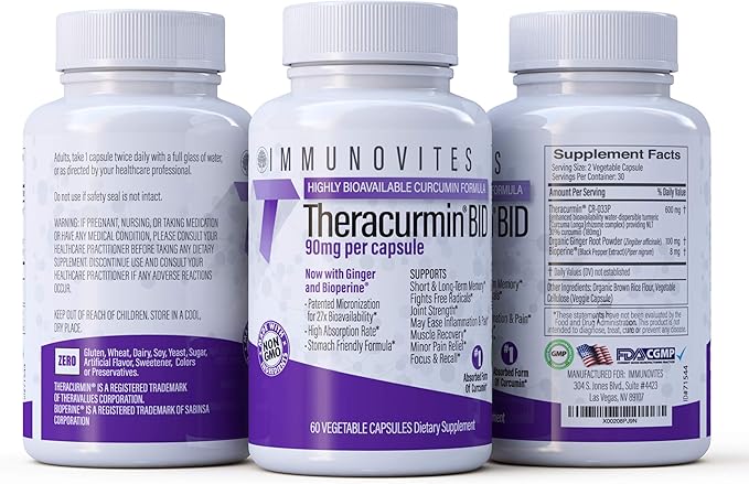 IMMUNOVITES Theracurmin BID 300mg (Nano Curcumin 90mg per Cap.) [[600mg per Serving]] - Now w/Ginger & Bioperine (60ct Bottle)